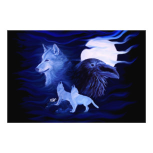 Wolves and Raven with full moon Photo Print