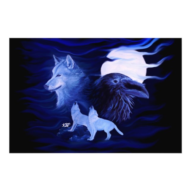 Wolves and Raven with full moon Photo Print (Front)