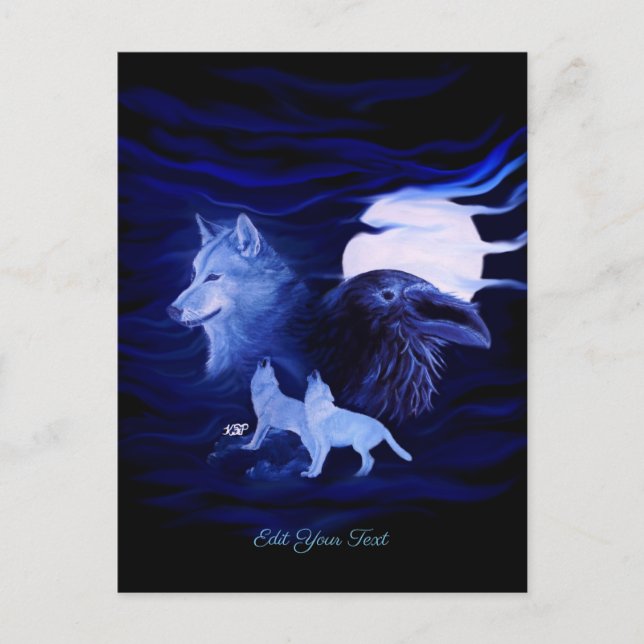 Wolves and Raven with full moon Postcard (Front)