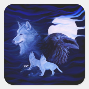 Wolves and Raven with full moon Square Sticker
