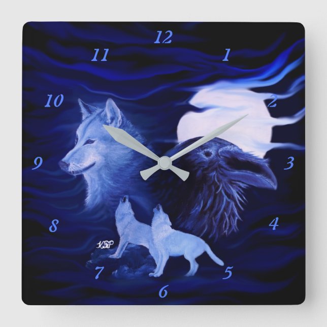 Wolves and Raven with full moon Square Wall Clock (Front)