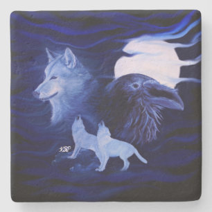 Wolves and Raven with full moon Stone Coaster