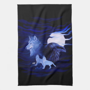 Wolves and Raven with full moon Tea Towel
