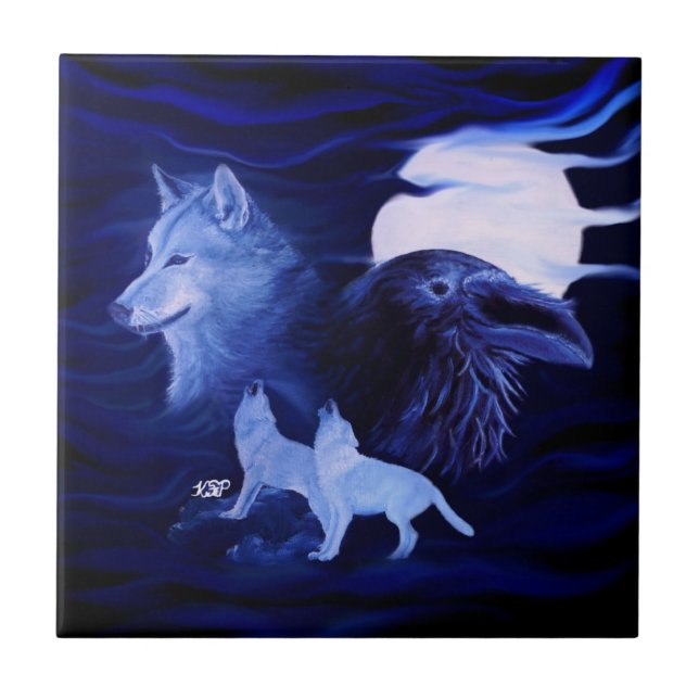 Wolves and Raven with full moon Tile (Front)