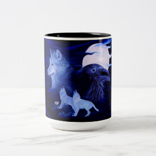 Wolves and Raven with full moon Two-Tone Coffee Mug