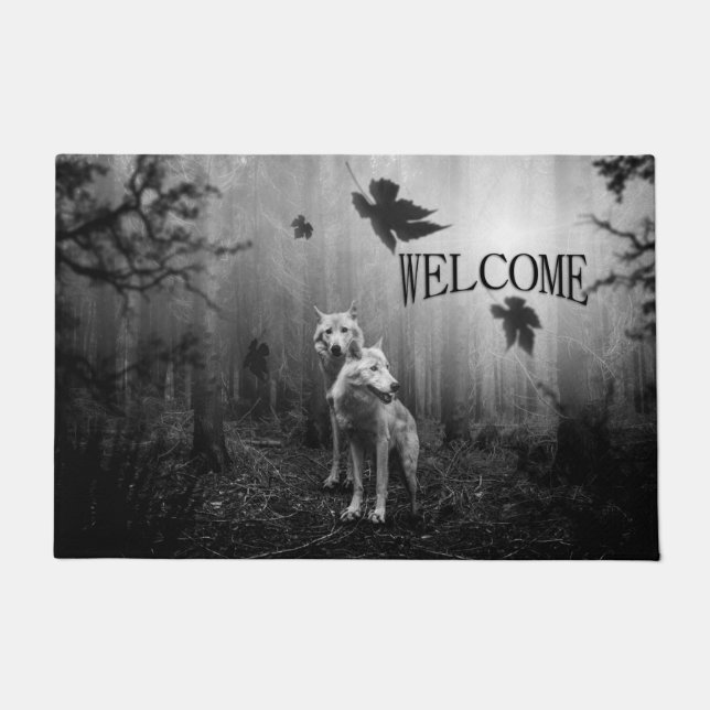Wolves Black and White Leaf Us Alone Welcome Doormat (Front)