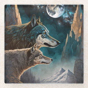 Wolves Full Moon Fantasy Landscape Glass Coaster