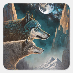 Wolves Full Moon Fantasy Landscape Square Sticker