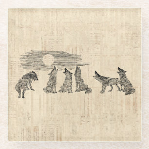 Wolves Howling at the Moon Vintage Wolf Art Glass Coaster