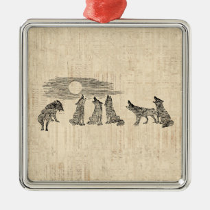 Wolves Howling at the Moon Vintage Wolf Art Metal Tree Decoration