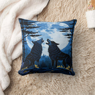 Wolves Howling Under a Full Moon at Night Cushion