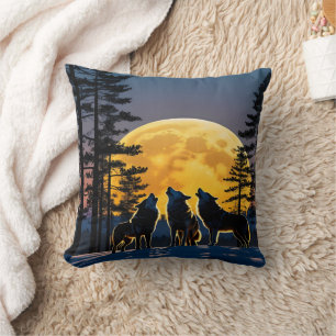 Wolves Howling Under a Full Moon in Winter Night Cushion