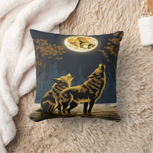Wolves Howling Under a Golden Moonlit Sky Cushion
