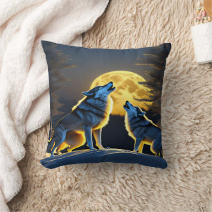 Wolves Howling Under Full Moon. Cushion