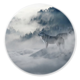 Wolves in a Winter Landscape Ceramic Knob