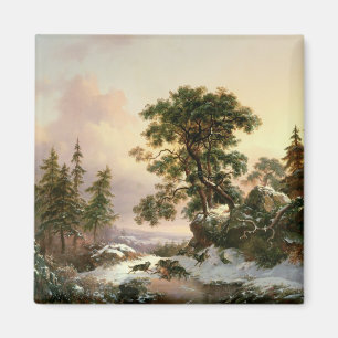 Wolves in a Winter Landscape (oil on panel) Magnet