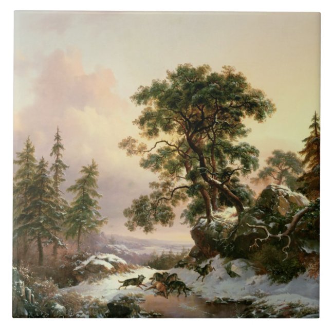 Wolves in a Winter Landscape (oil on panel) Tile (Front)