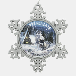 Wolves in Fairytale Snowy Winter Night Scene - Snowflake Pewter Christmas Ornament
