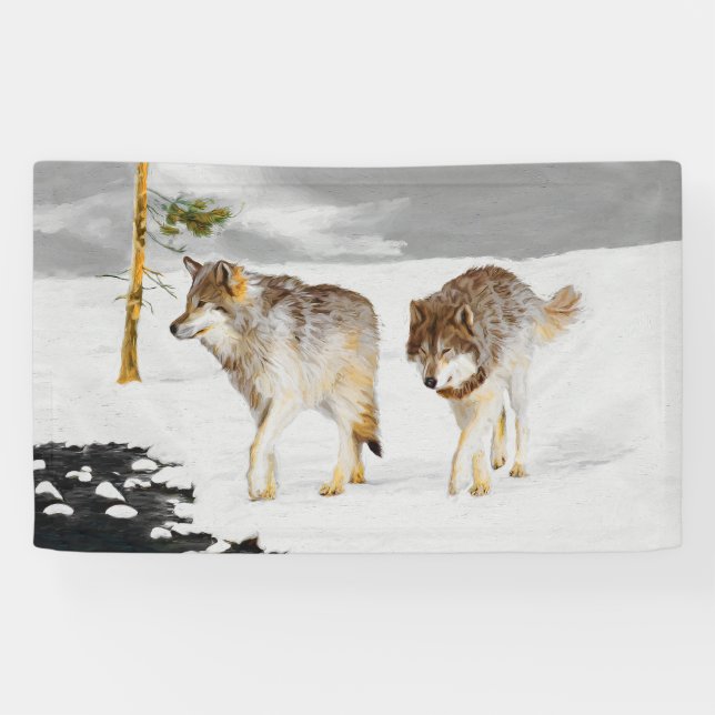 Wolves in Snow Painting - Original Wildlife Art Banner (Horizontal)