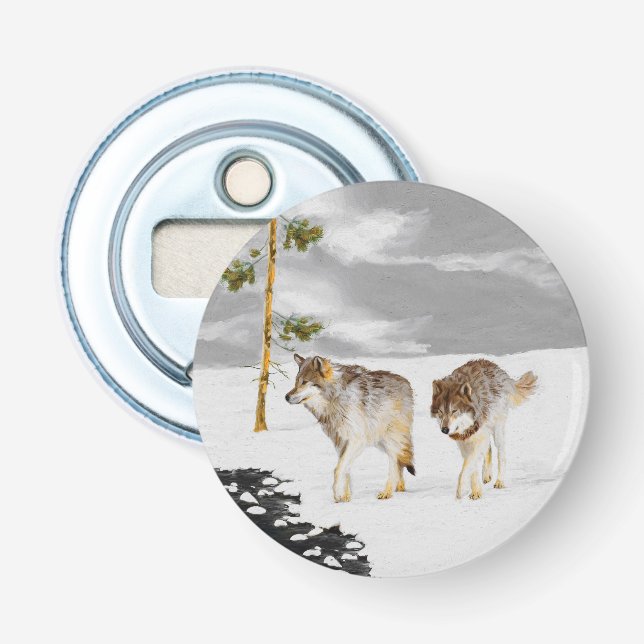 Wolves in Snow Painting - Original Wildlife Art Bottle Opener (Front)