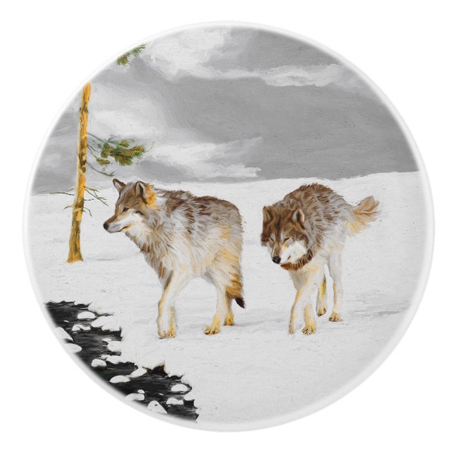 Wolves in Snow Painting - Original Wildlife Art Ceramic Knob (Front)