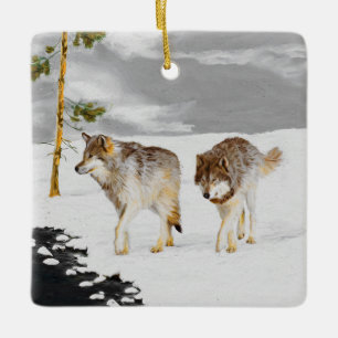 Wolves in Snow Painting - Original Wildlife Art Ceramic Ornament