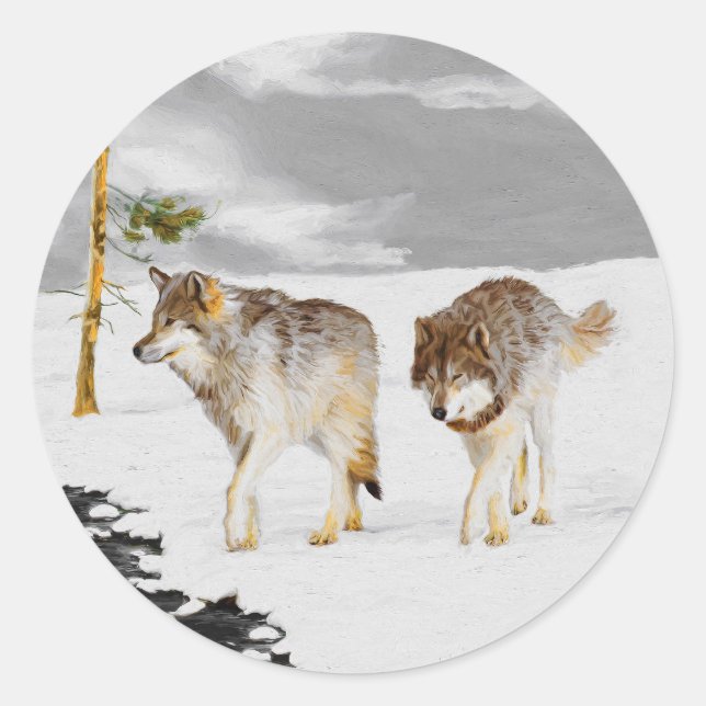 Wolves in Snow Painting - Original Wildlife Art Classic Round Sticker (Front)