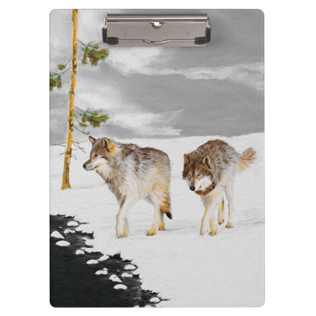 Wolves in Snow Painting - Original Wildlife Art Clipboard (Front)