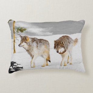 Wolves in Snow Painting - Original Wildlife Art Decorative Cushion