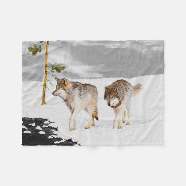 Wolves in Snow Painting - Original Wildlife Art Fleece Blanket (Front (Horizontal))