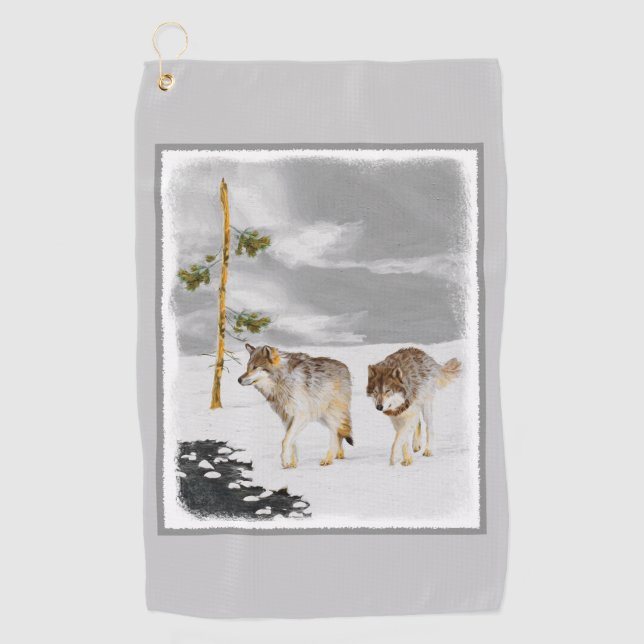 Wolves in Snow Painting - Original Wildlife Art Golf Towel (Front)