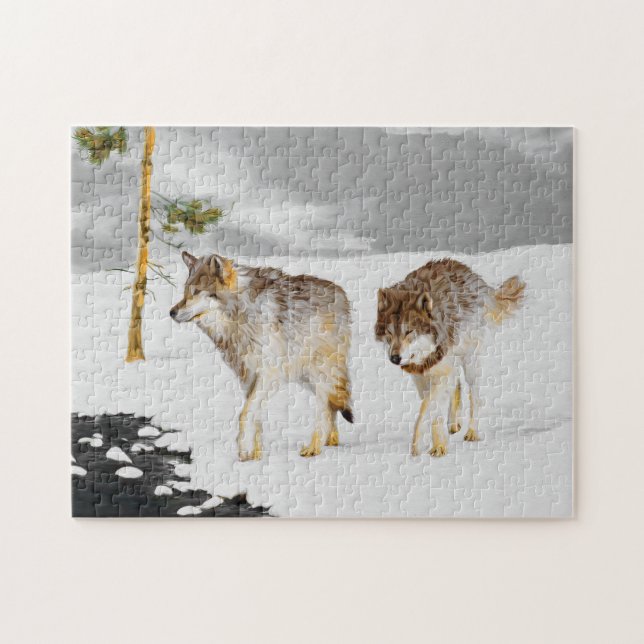Wolves in Snow Painting - Original Wildlife Art Jigsaw Puzzle (Horizontal)