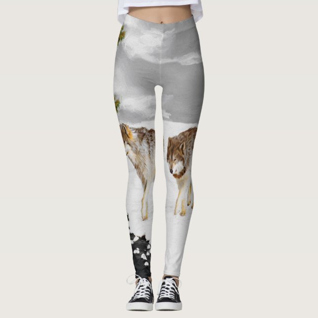 Wolves in Snow Painting - Original Wildlife Art Leggings (Front)
