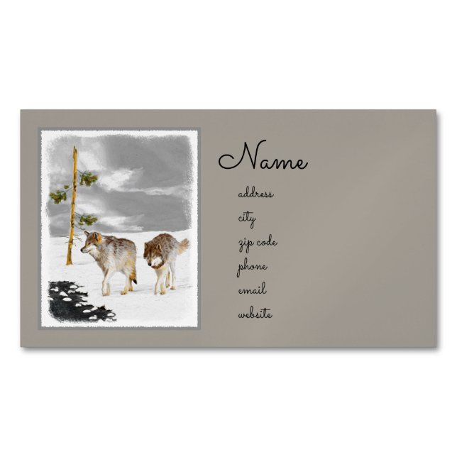 Wolves in Snow Painting - Original Wildlife Art Magnetic Business Card (Front)