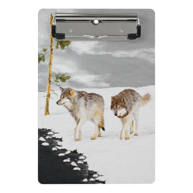 Wolves in Snow Painting - Original Wildlife Art Mini Clipboard (Front)
