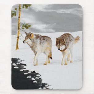 Wolves in Snow Painting - Original Wildlife Art Mouse Mat