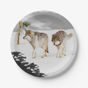 Wolves in Snow Painting - Original Wildlife Art Paper Plate