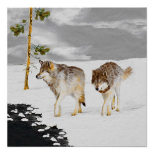 Wolves in Snow Painting - Original Wildlife Art Poster