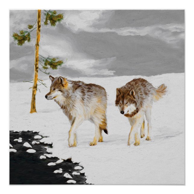 Wolves in Snow Painting - Original Wildlife Art Poster (Front)