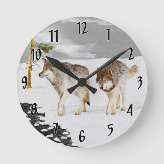 Wolves in Snow Painting - Original Wildlife Art Round Clock