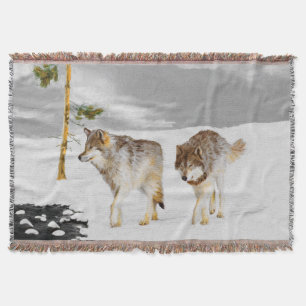Wolves in Snow Painting - Original Wildlife Art Throw Blanket