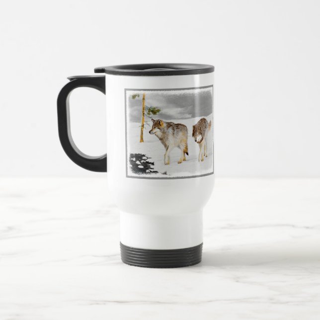Wolves in Snow Painting - Original Wildlife Art Travel Mug (Left)