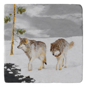 Wolves in Snow Painting - Original Wildlife Art Trivet