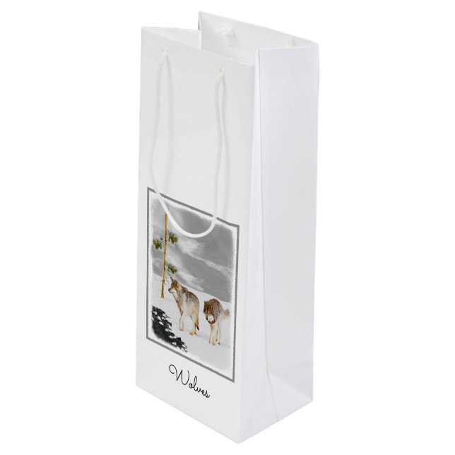 Wolves in Snow Painting - Original Wildlife Art Wine Gift Bag (Front Angled)