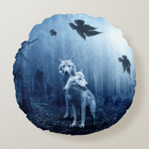 Wolves in the Forest at Dawn Round Cushion