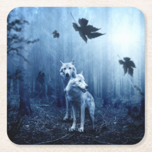 Wolves in the Forest at Dawn Square Paper Coaster