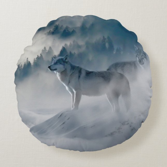 wolves in the mist round cushion (Front)