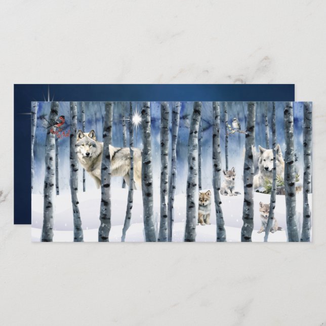 Wolves in Winter Woods with Star Christmas Card (Front/Back)