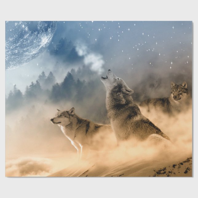 Wolves Moon Fog Nature Scenery Wrapping Paper (Flat)