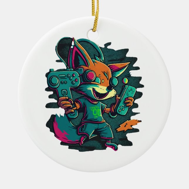 Wolves play games ceramic tree decoration (Front)